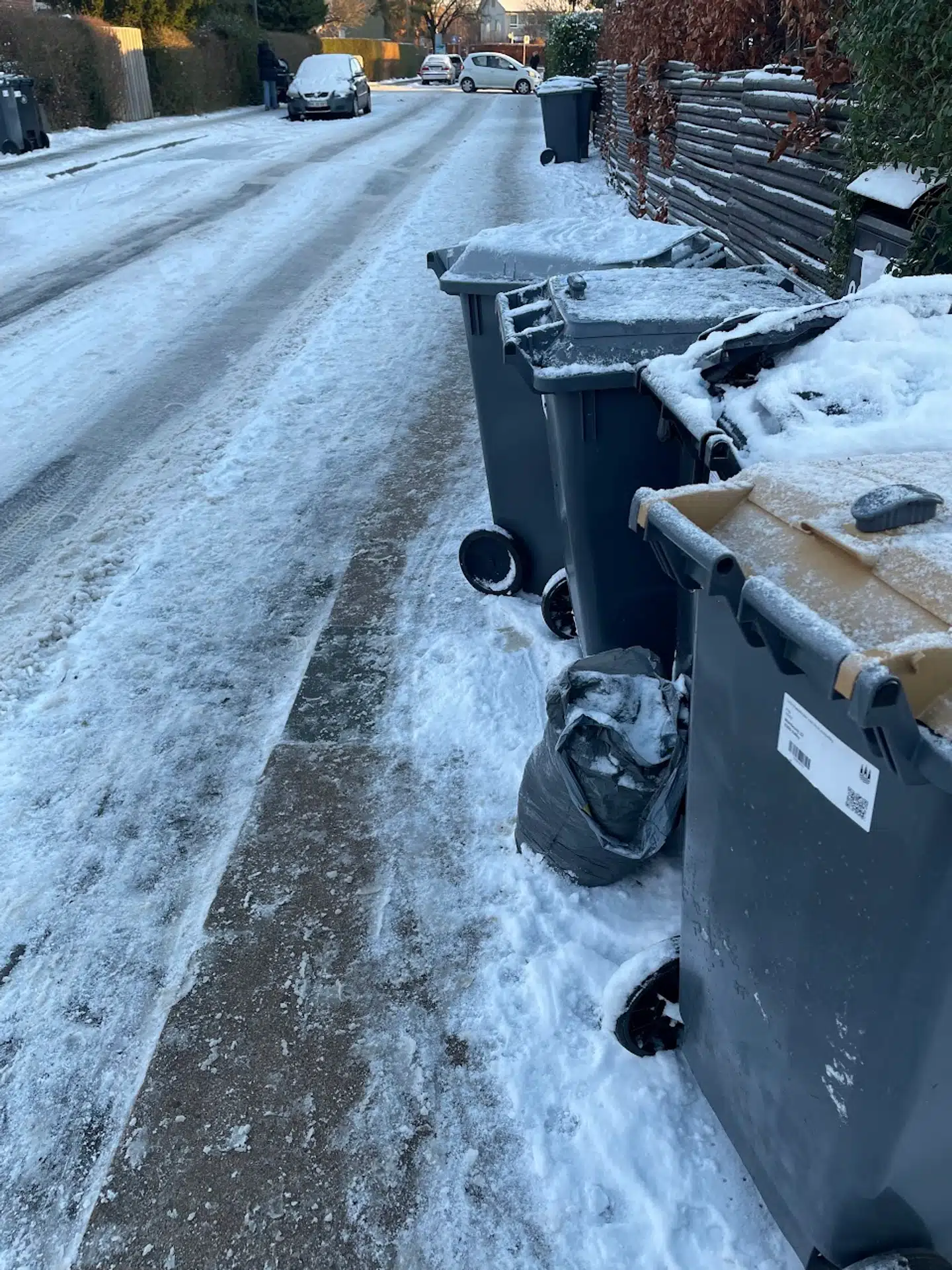 Her ses de fyldte skraldespande i Valby.