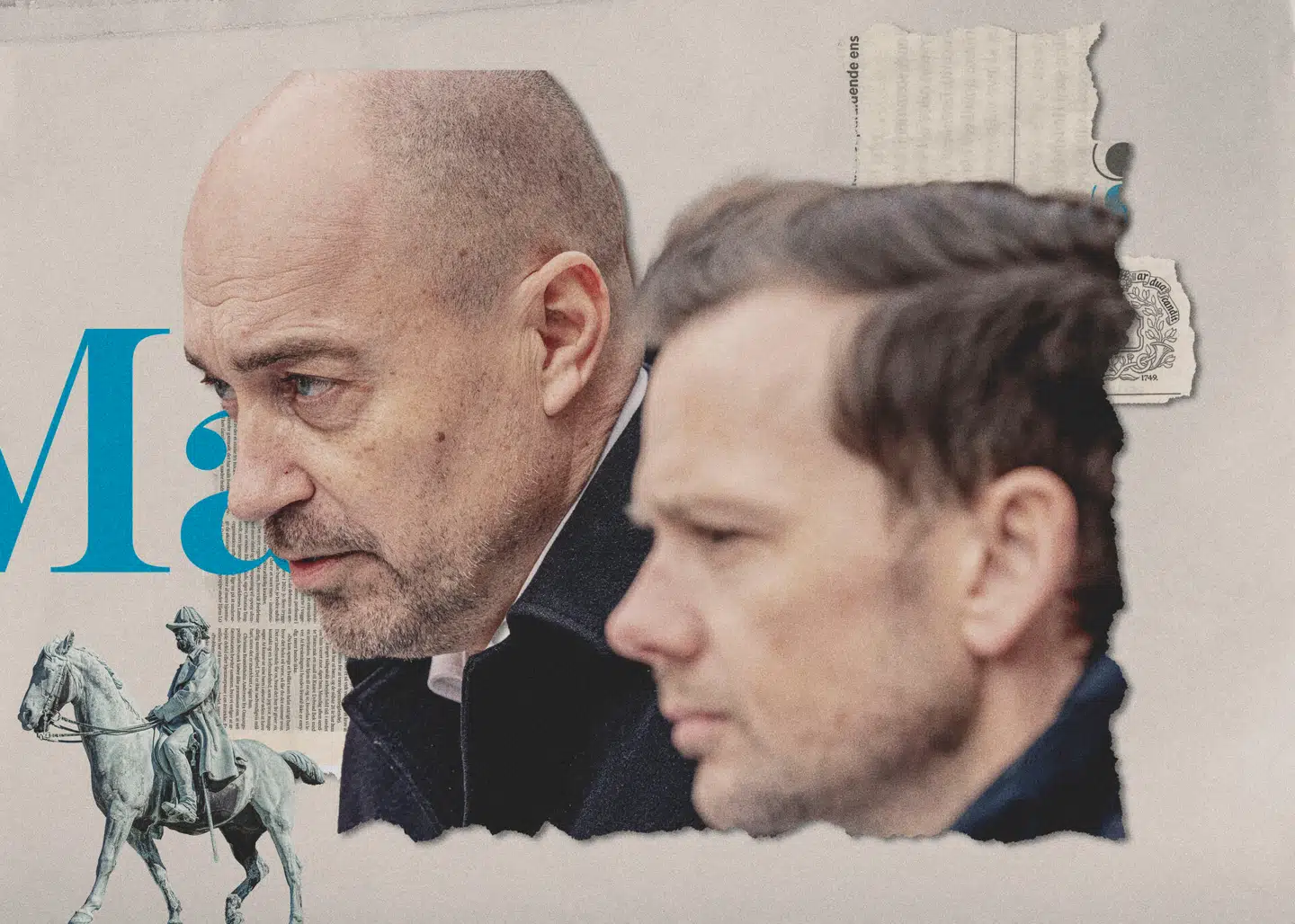 Miljøminister Magnus Heunicke og justitsminister Peter Hummelgaard gav en kort status på situation omkring jordskredet ved Nordic Waste på doorstep i Miljøministeriet i København, fredag den 19. januar 2024. Collage: Liv Ajse. Originalfoto: Ida Marie Odgaard, Scanpix