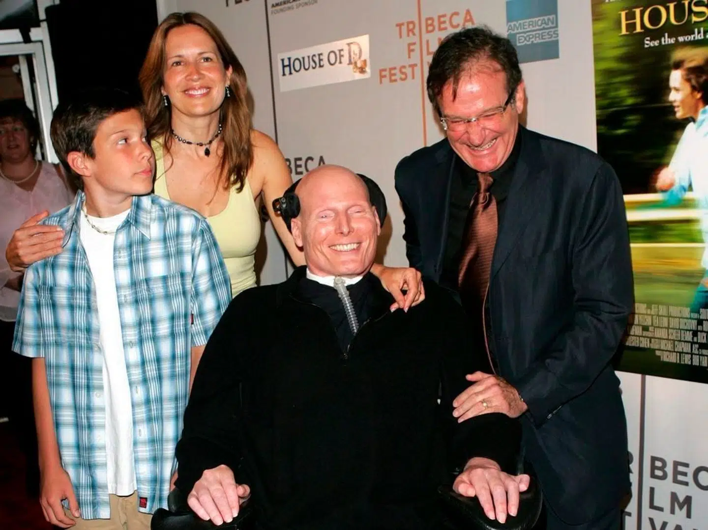 Christopher Reeve med sin mangeårige ven Robin Williams samt hustruen Dana og sønnen William.