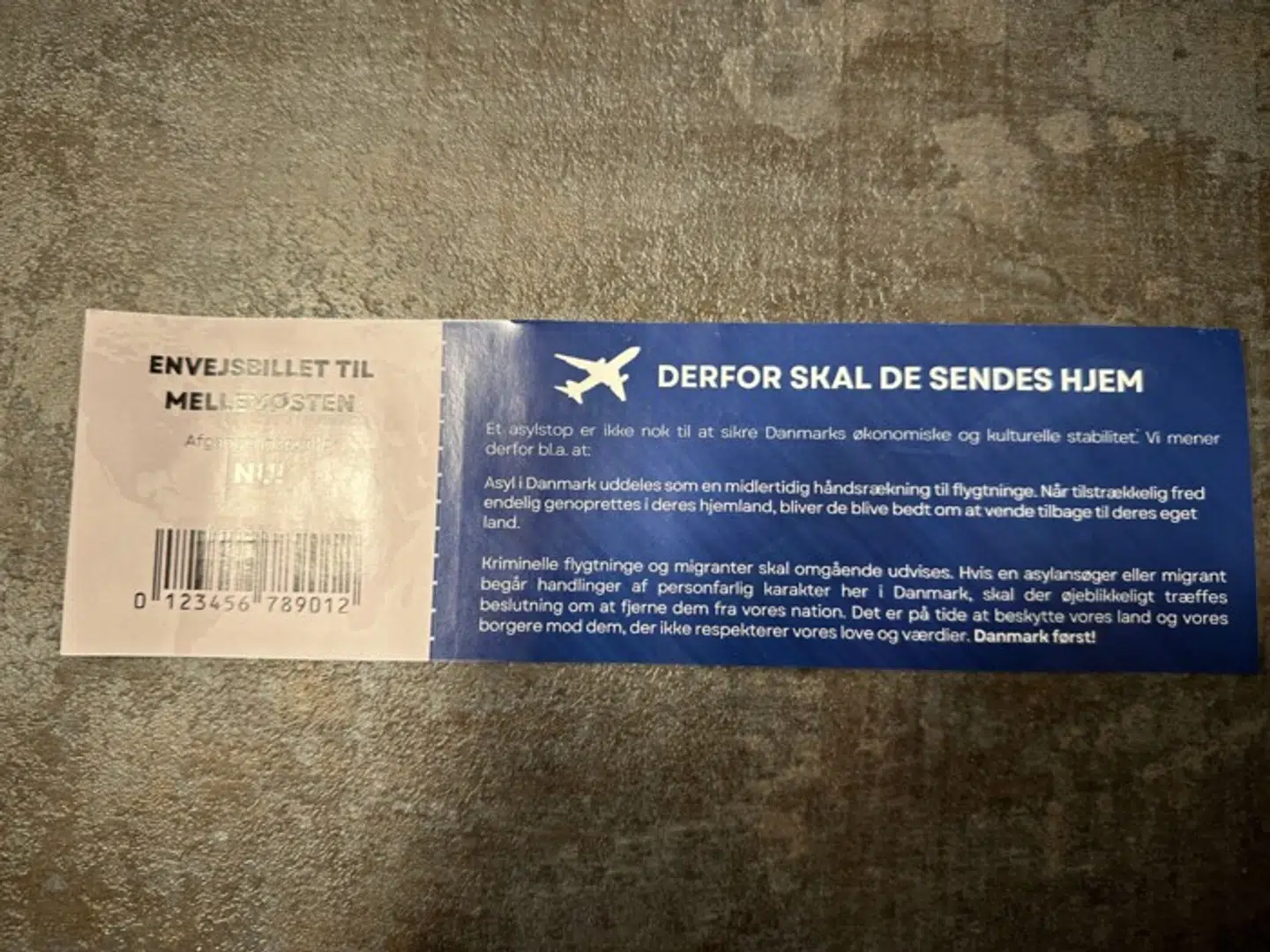 Sådan ser bagsiden af den fiktive flybillet ud.