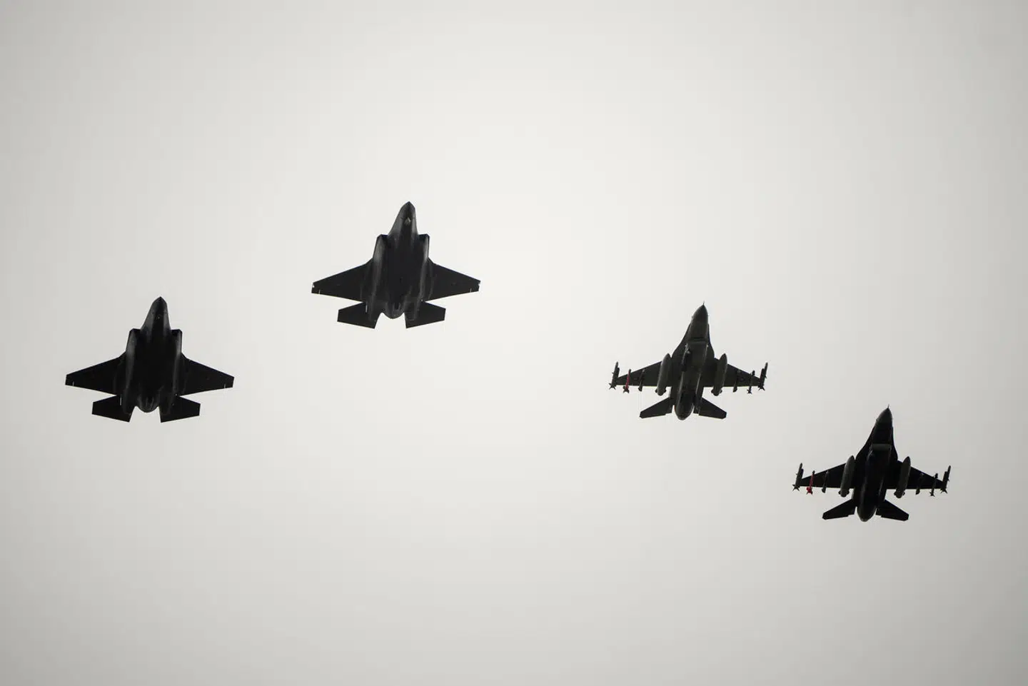 To danske F-35-kampfly og to F16-kampfly. Danmark har købt i alt 27 F-35-kampfly.