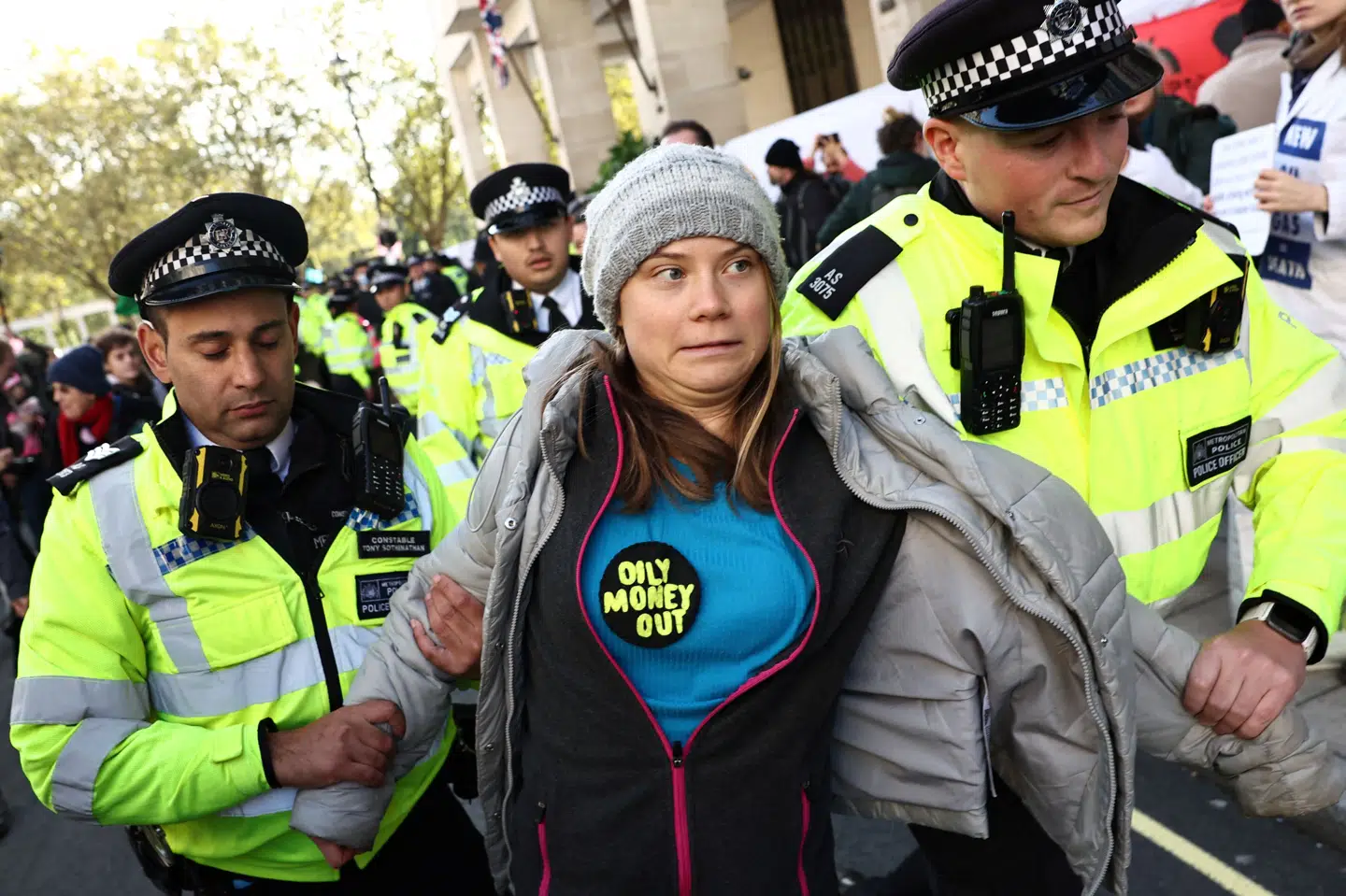 Den svenske klimaaktivist Greta Thunberg blev anholdt, da hun sammen med andre klimaaktivister blokerede indgangen til et hotel i Mayfair i London i oktober. (Arkivfoto).