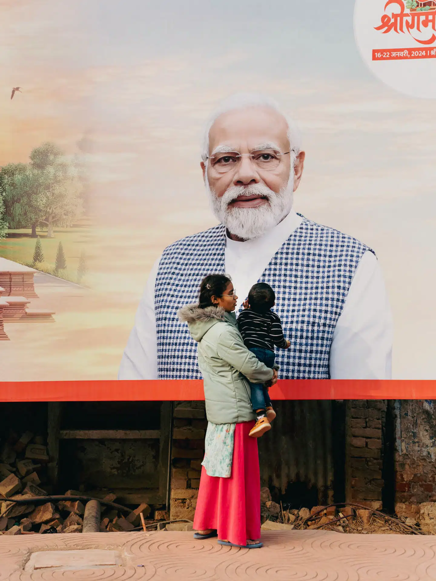 Modi har gjort det til en af sine politiske mærkesager at opføre templet i Ayodhya. Byggeriet er endnu ikke færdigt, men premierministeren afholdt alligevel en storslået indvielse. Og det er næppe tilfældigt. Om få måneder går inderne nemlig til valg. Foto: Ali Monis Naqvi