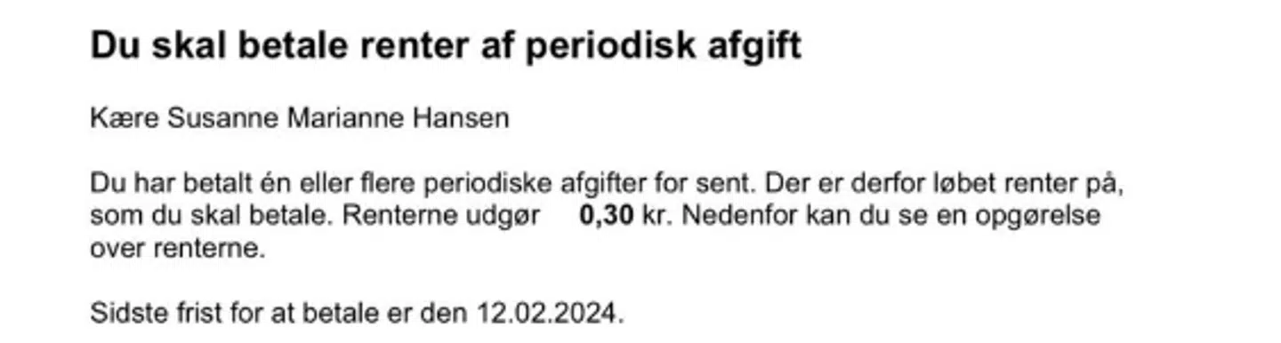 Her er opkrævningen fra Skat til Susanne Hansen.