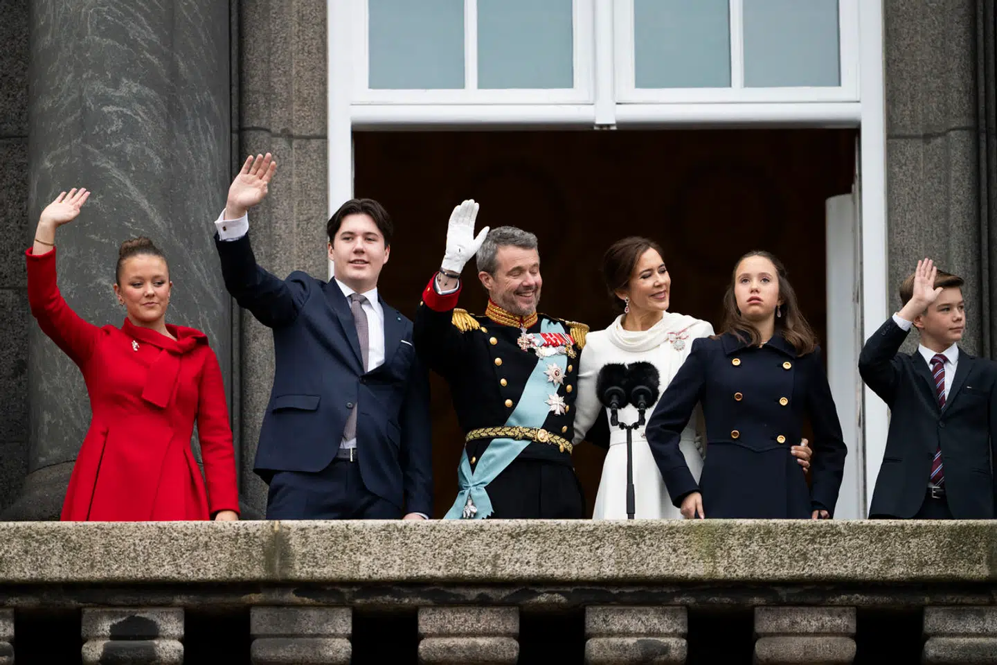 Frederik blev konge 14. januar 2024, da dronning Margrethe underskrev sin abdikation. Efterfølgende viste den nyslåede Konge sig fra balkonen på Christiansborg Slot med sin hustru dronning Mary og deres fire børn, prinsesse Isabella, Kronprins Christian, prinsesse Josephine og prins Vincent.