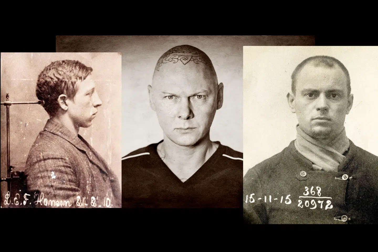 Fotomontage af Jim Lyngvild mellem forbryderfotos af de to oldefædre Louis og Martin.