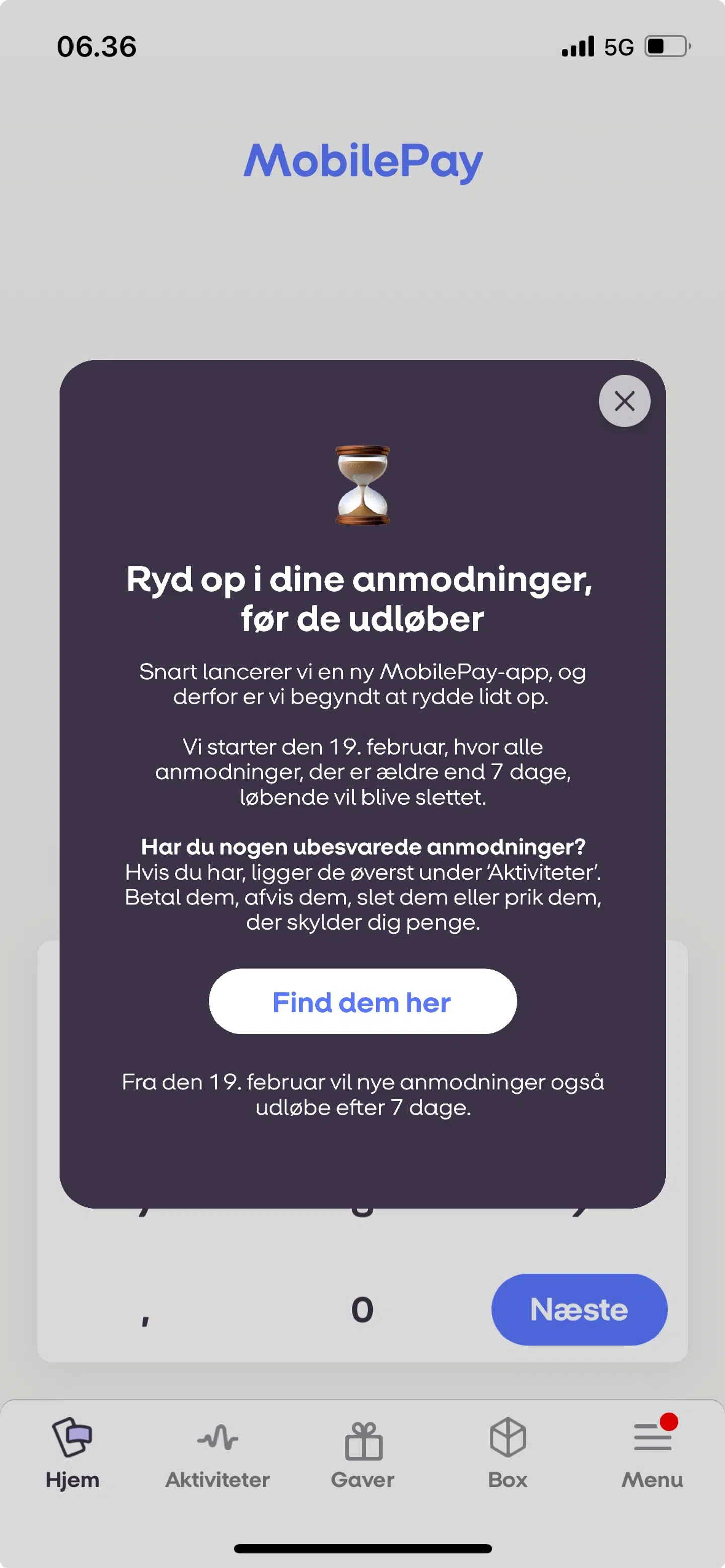 Denne besked dukker i disse dage op, når man går ind i MobilePayappen.