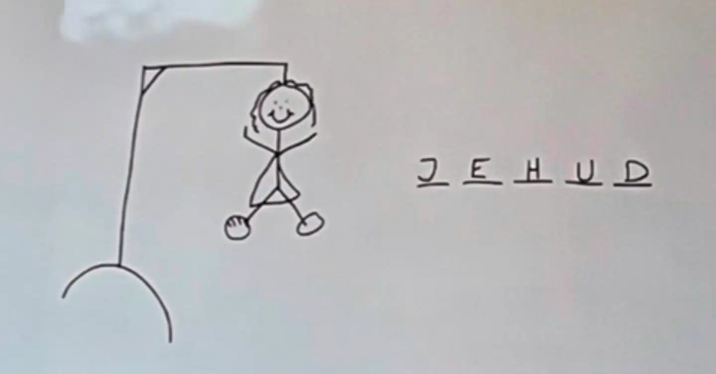 Tegning på whiteboard på Syddansk Universitet oktober 2023. Jehud er det arabiske ord for jøde.