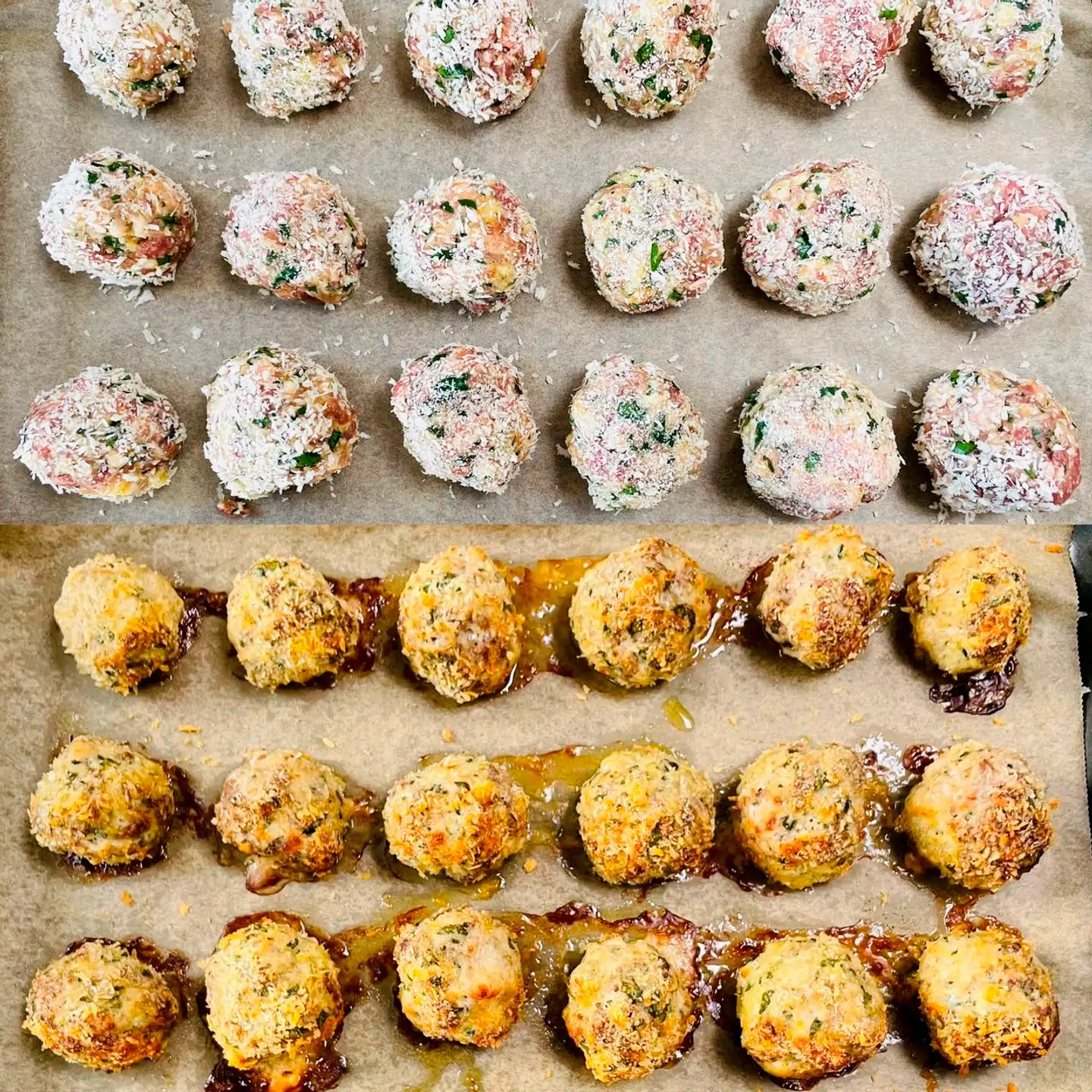 Italienske kødboller (polpette), før (øverst) og efter de har fået 30-40 minutter i ovnen. Se resten af opskriften længere nede i nyhedsbrevet.