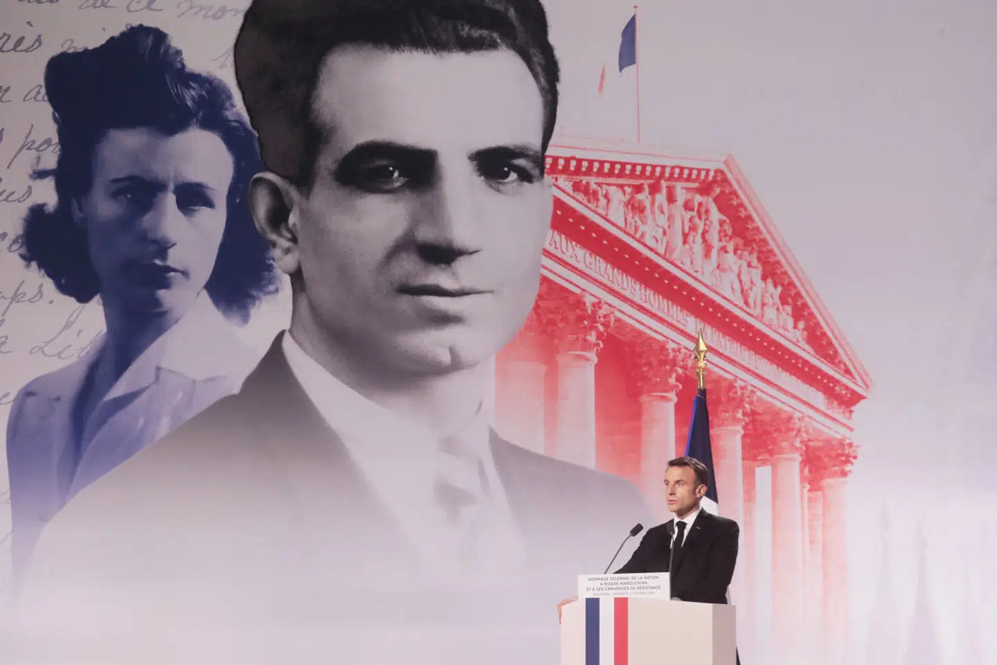 Emmanuel Macron holdte tale, da Missak Manouchian blev den første person uden fransk nationalitet begravet i Panthéon. Foto: Christophe Petit Tesson, Scanpix