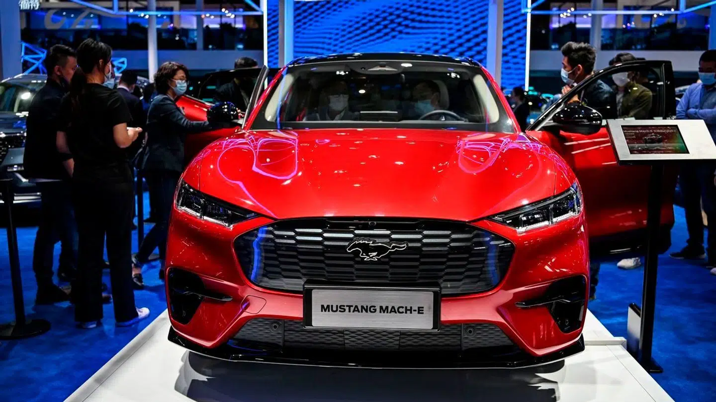 Arkivfoto. Ford Mustang Mach-E vises frem på motorshow i Shanghai i april 2021.