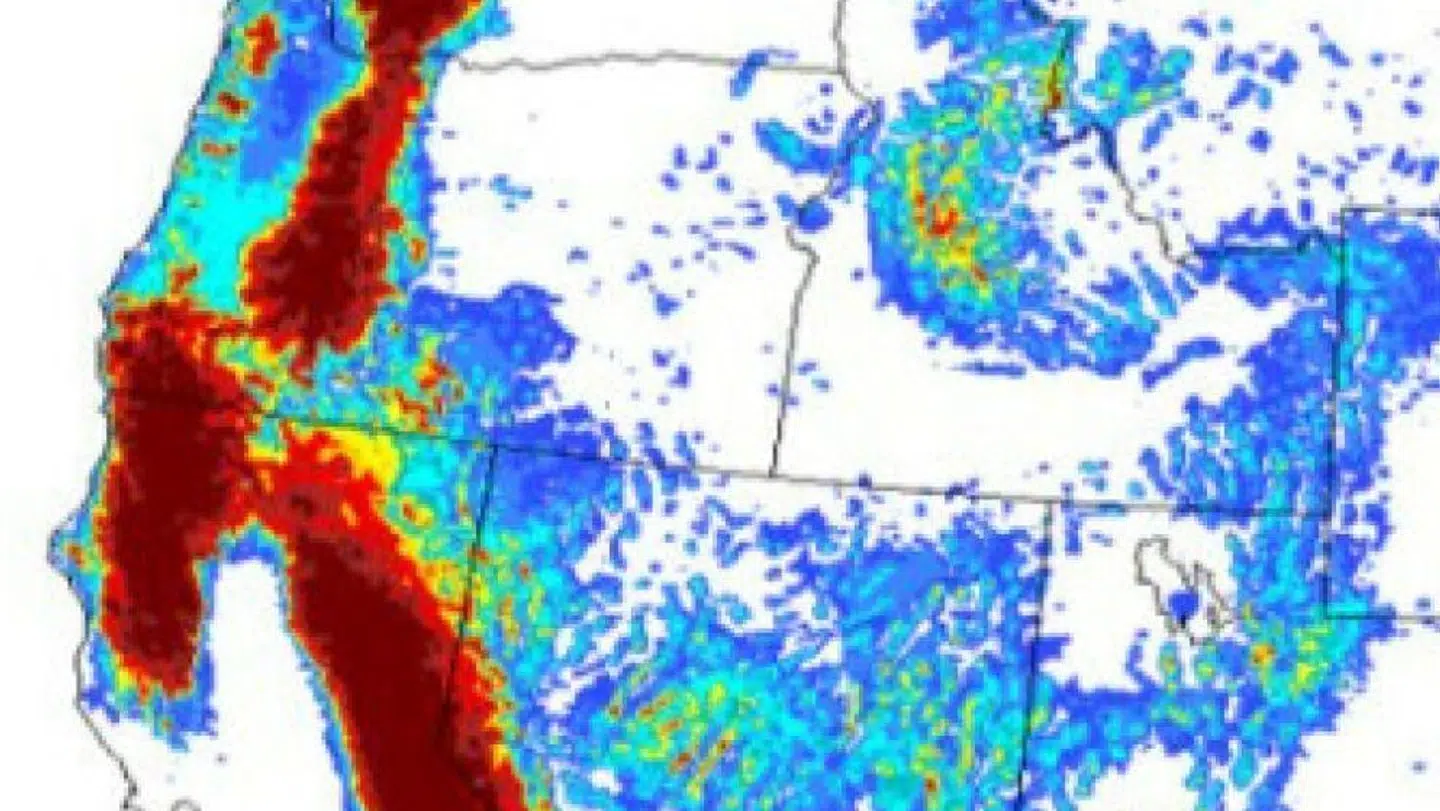 De røde områder viser, hvilke områder i USA der vil blive ramt hårdest af uvejret.