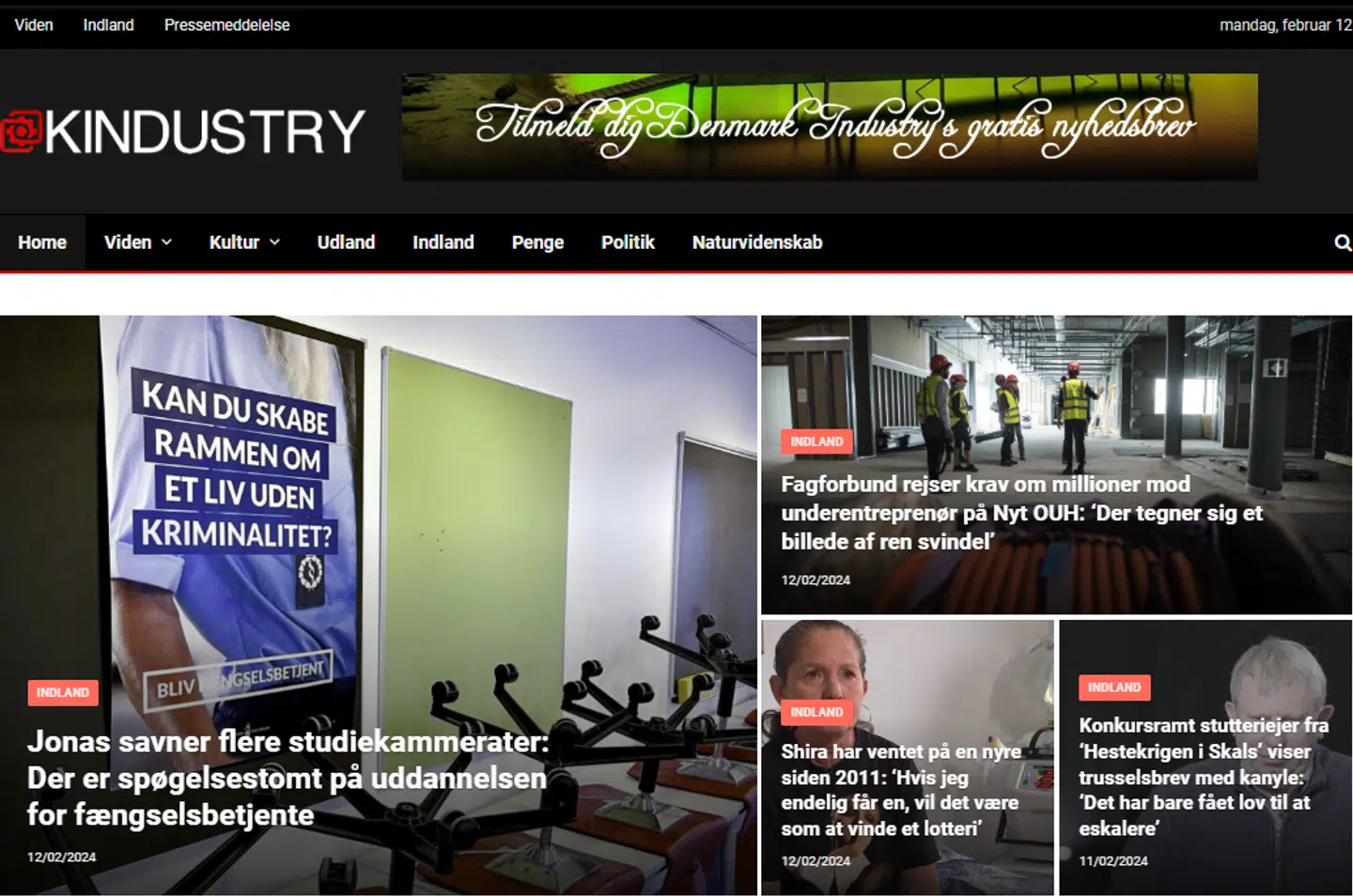 Her ses den forside, der mødte brugere, hvis de besøgte hjemmesiden Dkindustry den 12. februar. Det ligner måske et nyhedsmedie. Men indholdet er stjålet fra danske medier. Hjemmesidens ophav er dertil ikke er dansk, men kinesisk.