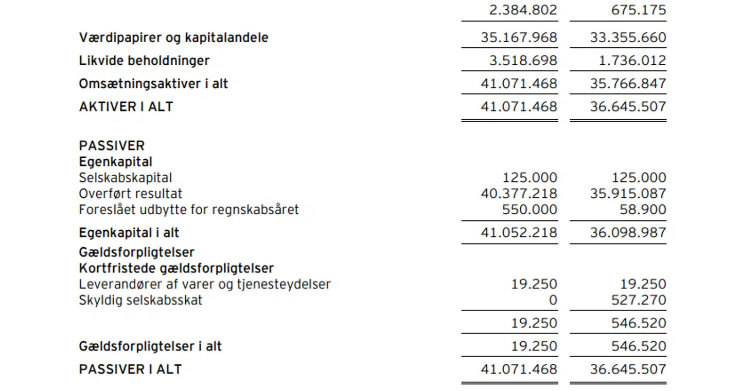 Det seneste regnskab for Mona Juuls holdningselsskab. Foto: CVR.dk