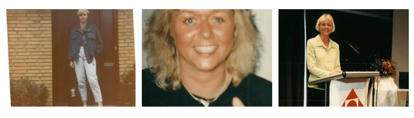 Første billede er fra Mona Juuls første dag på Horsens Gymnasium. Billede to viser en 22-årig Mona Juul, der netop er blevet færdiguddannet civiløkonom. På det sidste billede holder hun tale til MD Foods, efter lanceringen af Malthe osten.