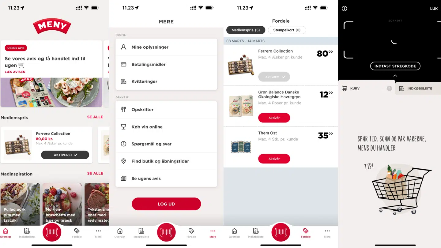 Sådan ser Menys app ud på de forskellige sider. Tilbud, scan selv, forsiden og mere.