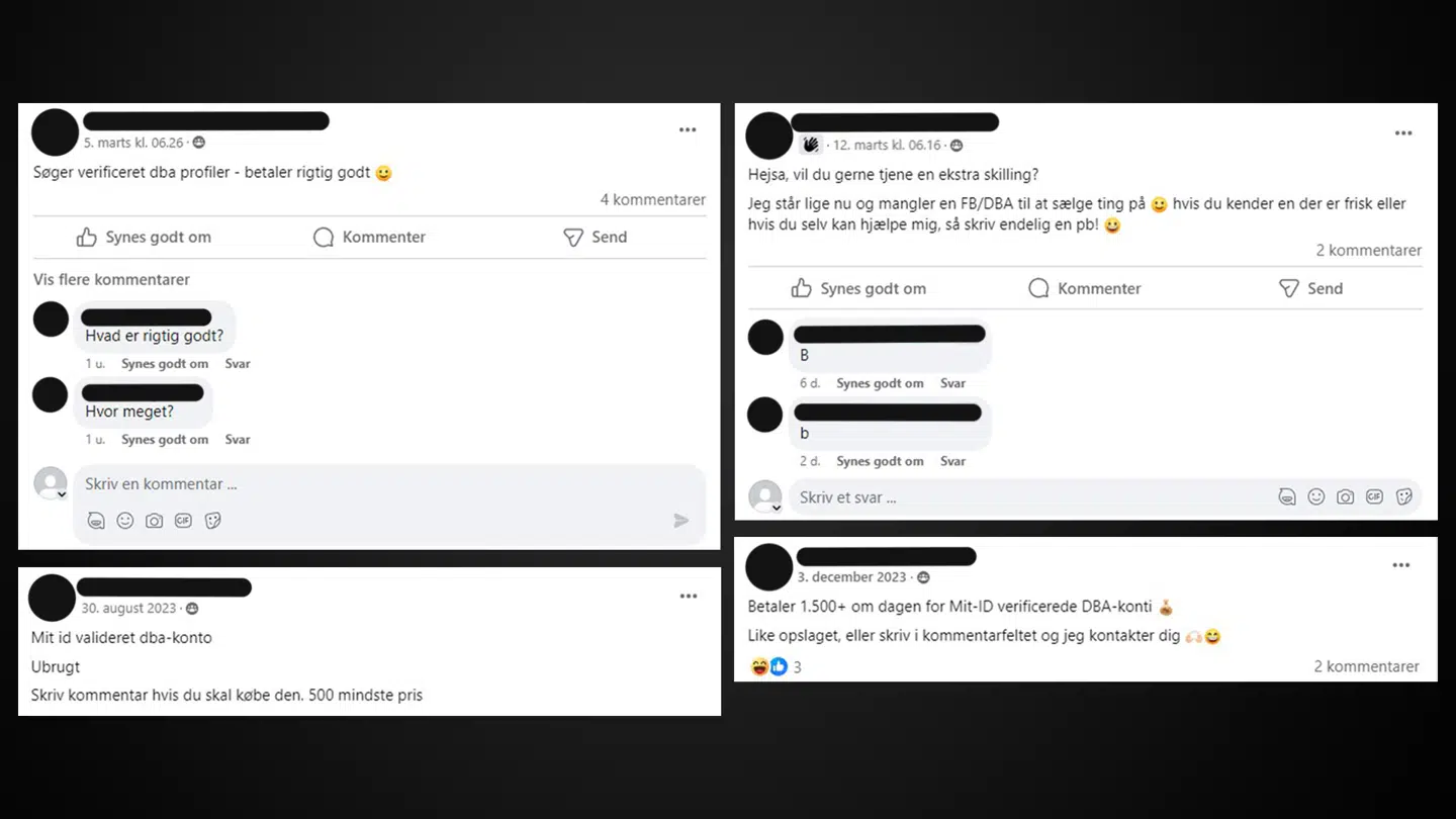 Her ses et overblik over de opslag på lukkede Facebook-grupper, hvor folk enten sælger eller søger MitID-valideringer DBA-profiler.