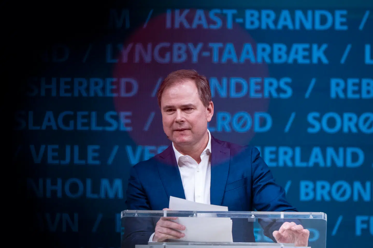 Finansminister Nicolai Wammen sender regeringens hilsen til Kommunalpolitisk topmøde i Aalborg Kongres og Kultur Center torsdag den 21. marts 2024.. (Foto: Bo Amstrup/Ritzau Scanpix)
