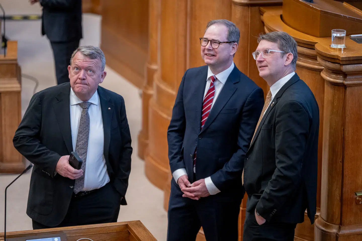 Udenrigsminister Lars Løkke Rasmussen (M), finansminister Nicolai Wammen (S) og forsvarsminister Troels Lund Poulsen (V).