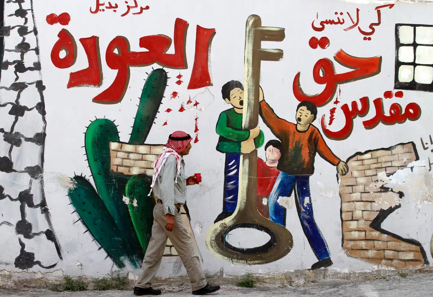 Graffiti i Jenin på Vestbredden markerer årsdagen for palæstinensernes fordrivelse i 1948. Krigen, der førte til palæstinensernes fordrivelse, er samlingspunkt for mange af konfliktens urmyter, skriver Søren K. Villemoes. Arkivfoto: Saif Dahlah, AFP, Scanpix.