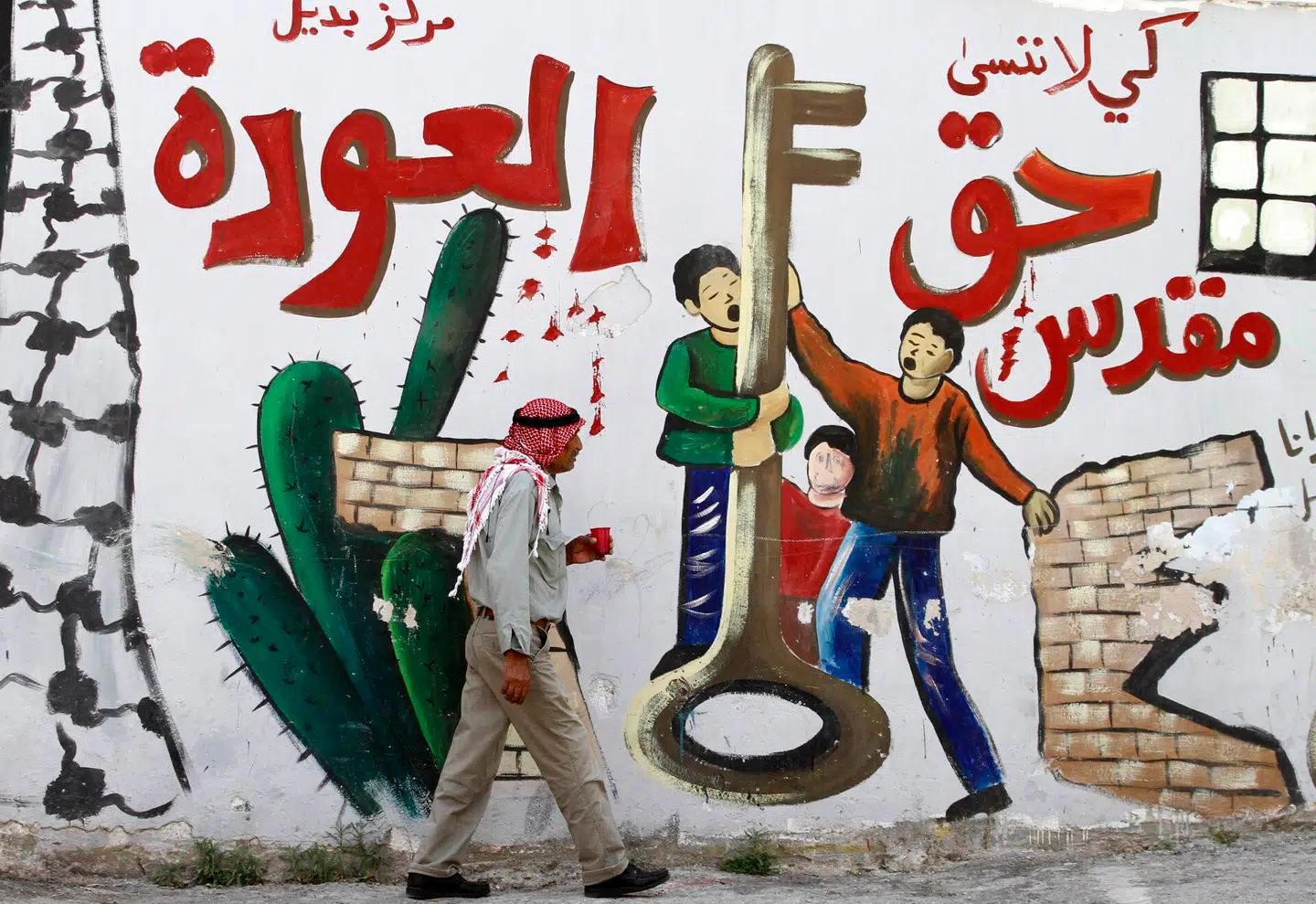 Graffiti i Jenin på Vestbredden markerer årsdagen for palæstinensernes fordrivelse i 1948. Krigen, der førte til palæstinensernes fordrivelse, er samlingspunkt for mange af konfliktens urmyter, skriver Søren K. Villemoes. Arkivfoto: Saif Dahlah, AFP, Scanpix.