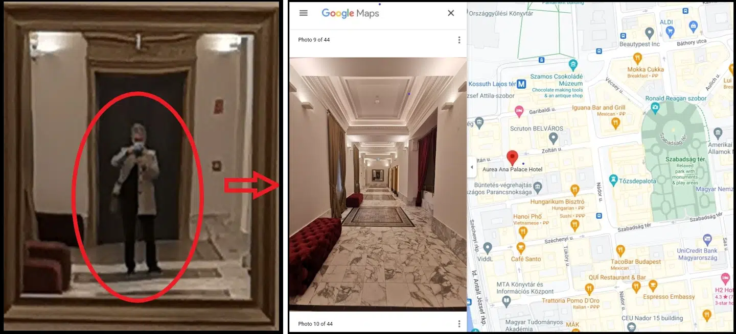 I november 2021 tog den europæiske kokainkonge dette billede på et luksushotel i Budapest. Han brugte billedet i sin Google-anmeldelse og lagde ikke mærke til, at der for enden af gangen hang et spejl.