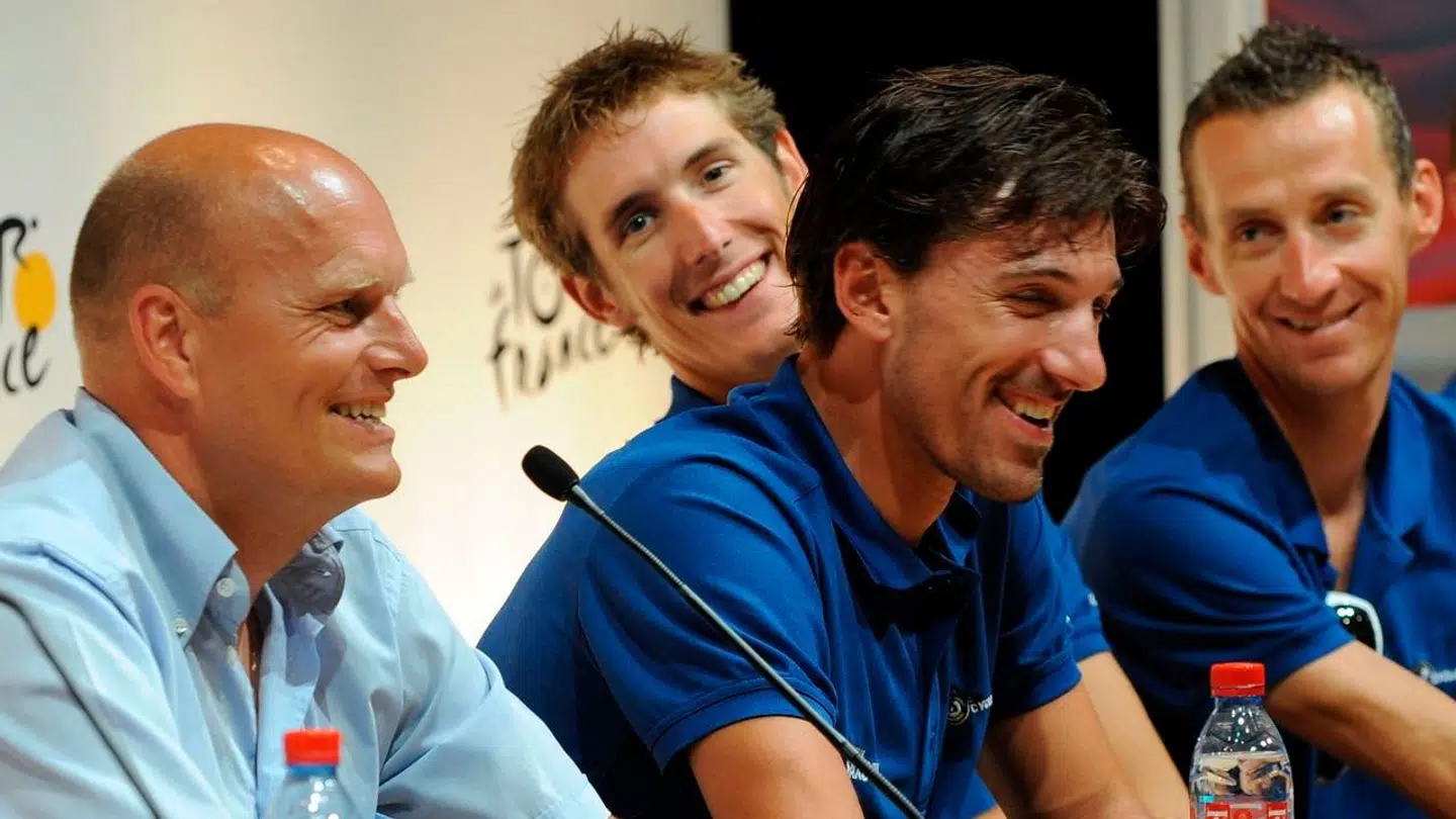 Bjarne Riis stod i spidsen for det stjernespækkede CSC-mandskab gennem 00'erne. Her ses han inden Tour de France-starten i 2009 med Fabian Cancellara, Andy Schleck og Kurt-Asle Arvesen.