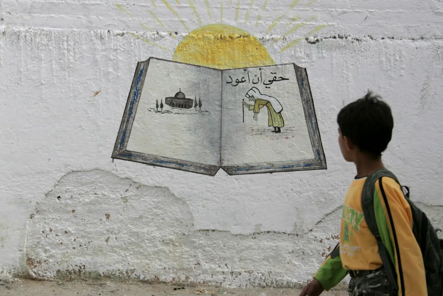 Et vægmaleri i en flygtningelejr i al-Baqaa markerer årsdagen for palæstinensernes fordrivelse i 1948 kaldet »Nakba«. Foto: Muhammad Hamed, Scanpix