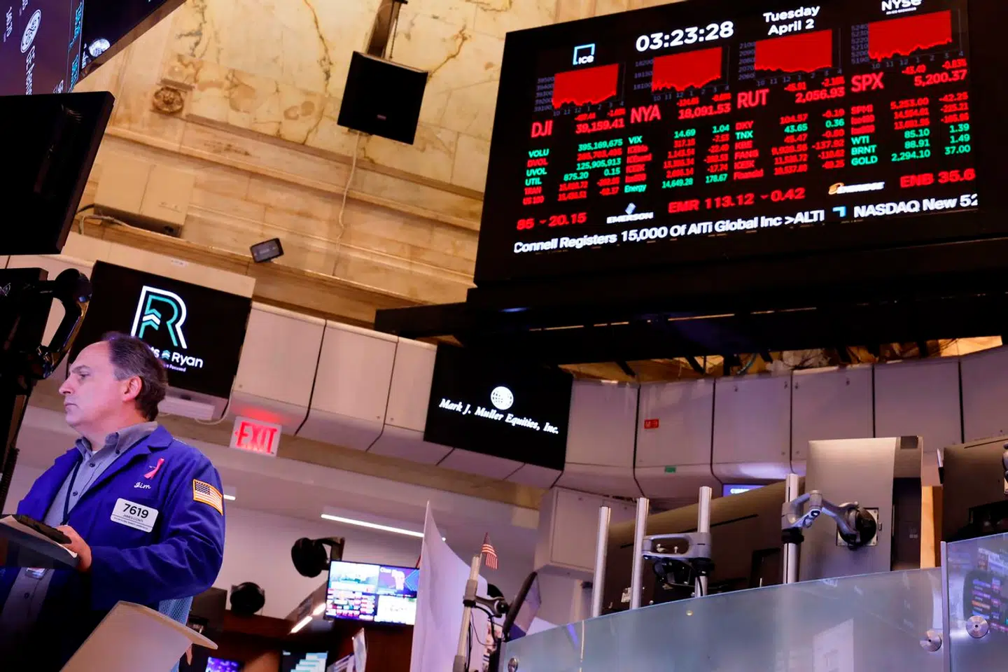 NEW YORK, NEW YORK - APRIL 02: Traders work on the floor of the New York Stock Exchange during afternoon trading on April 02, 2024 in New York City. All three major stock indexes closed at a loss with the Dow Jones leading the way closing over 350 points falling for a second day as Wall Street has a turbulent start to the second quarter. Both the Dow and S&P 500 had its worst day since March 5th. Michael M. Santiago/Getty Images/AFP (Photo by Michael M. Santiago / GETTY IMAGES NORTH AMERICA / Getty Images via AFP)