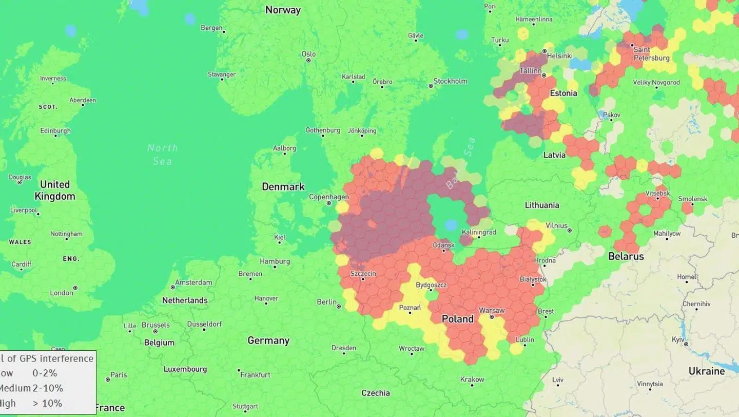 Sådan så det ud, da store dele af den sydlige Østersø blev ramt af GPS-jamming 15. marts 2024.