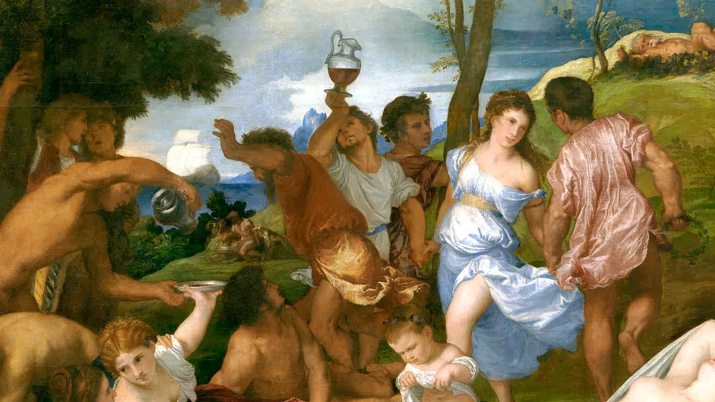 »Før oplysningstiden afhang lykken af, om man havde levet livet godt, det vil sige i overensstemmelse med en række dyder, og ikke af, om det havde føltes godt. Lykken var forbeholdt de udvalgte og heldige få,« skriver Anne Sophia Hermansen. Maleri: The Bacchanal of the Andrians af Titian.