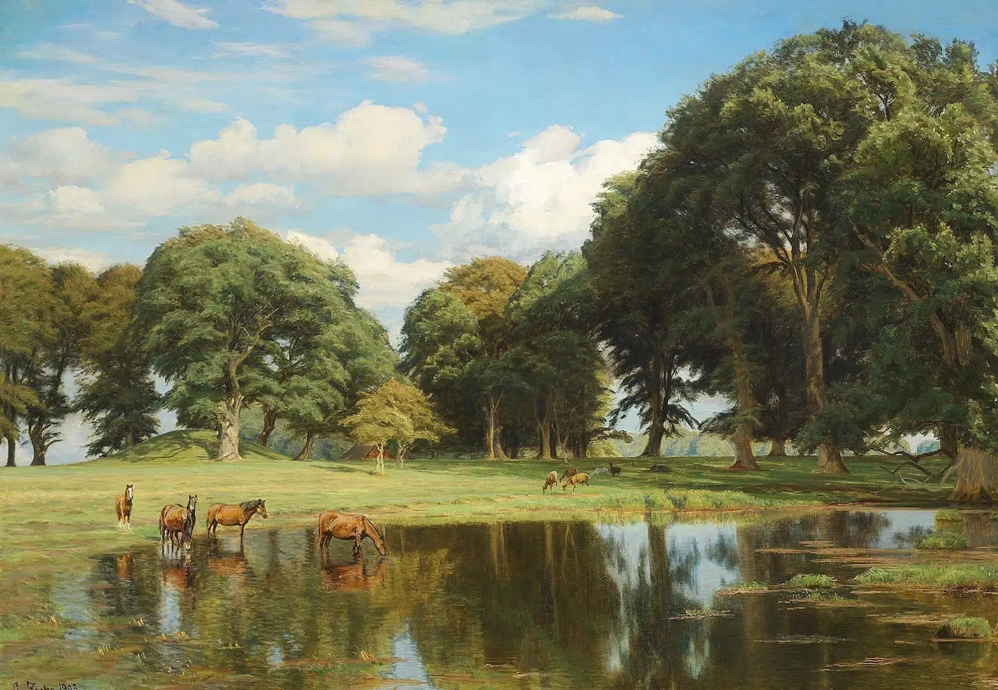 Op til begyndelsen af 1900-tallet var heste og kvæg en del af de græssende dyreflokke i Dyrehaven, skriver Hans Henrik Bruun og Jacob Heilmann-Clausen. Her er Christian Zachos maleri »Parti fra Dyrehaven med heste og hjorte på en slette« fra 1903.