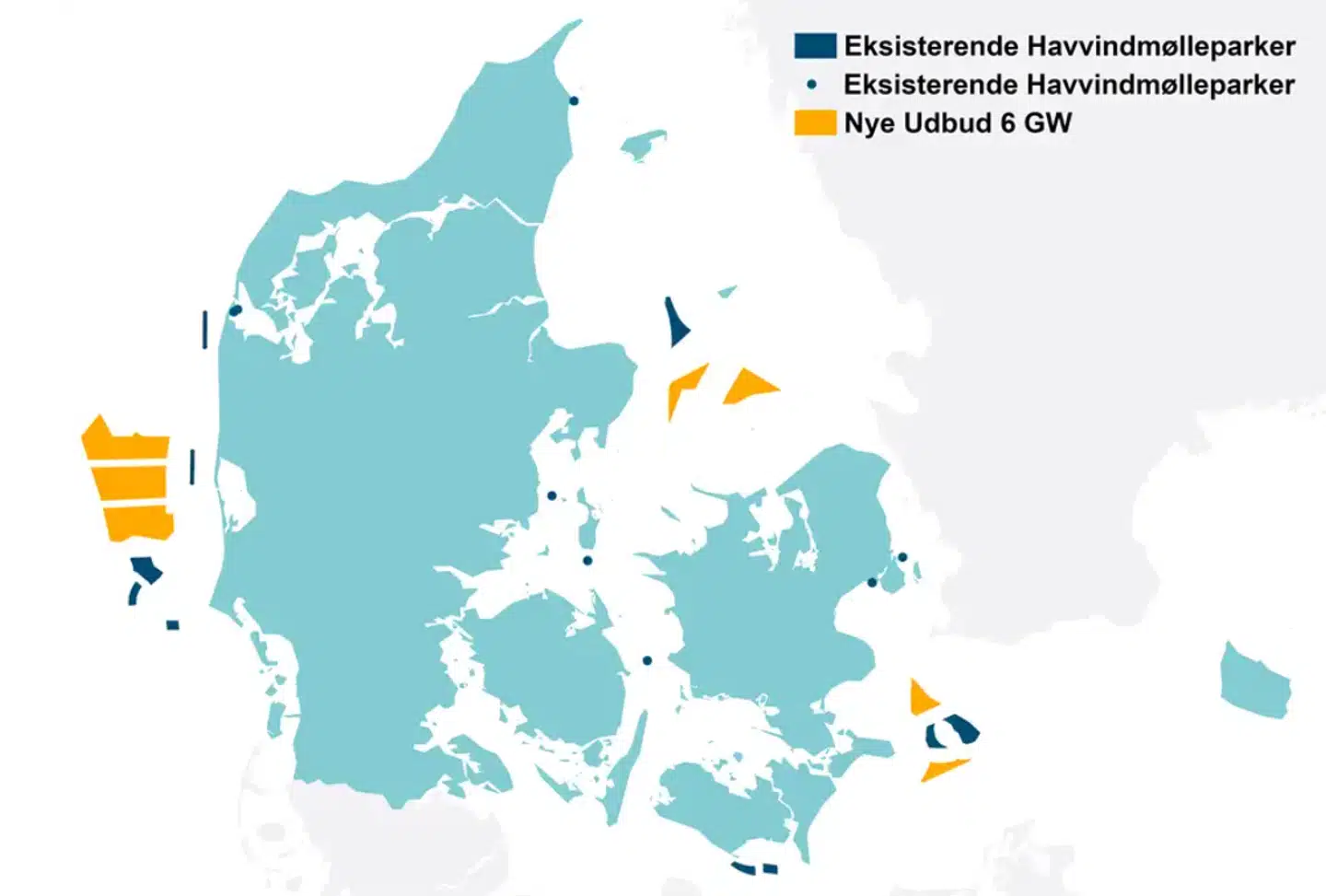 De gule områder markerer, hvor det nye udbud af havvind skal komme fra.