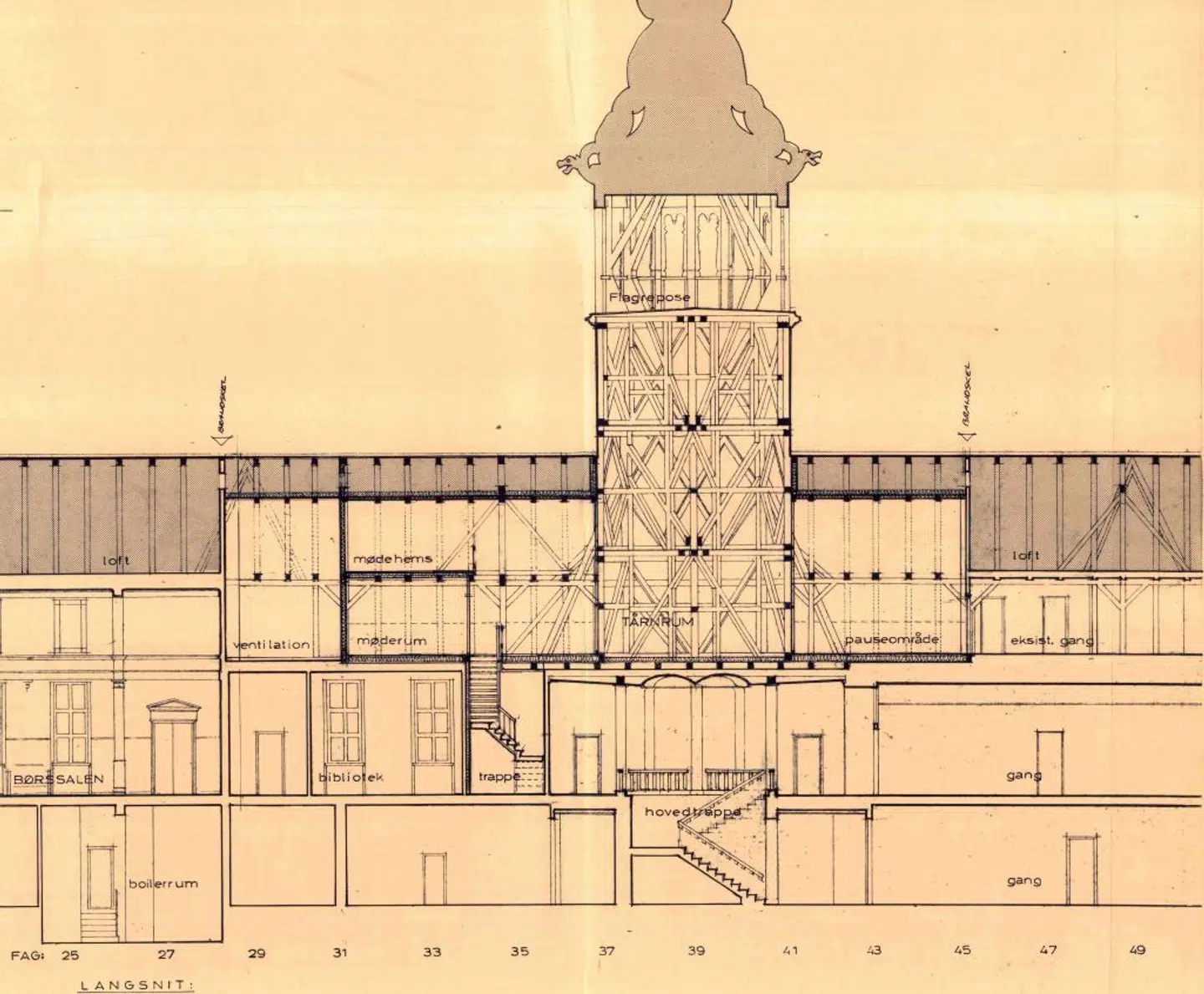 Hulrummet, som Jens Kastvig taler om, ses under tagkippen til venstre for tårnet.