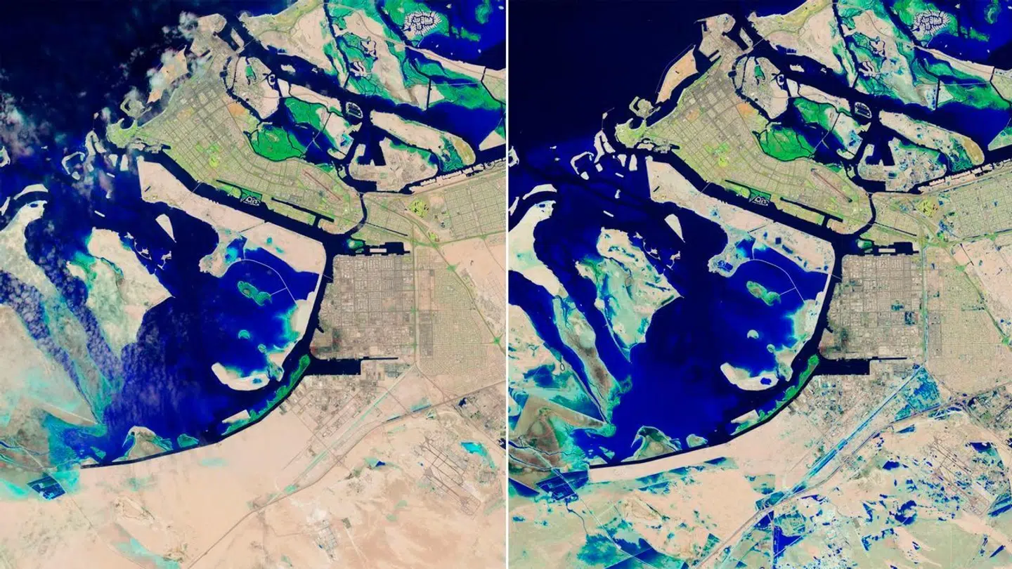 Abu Dhabi før og efter oversvømmelserne.