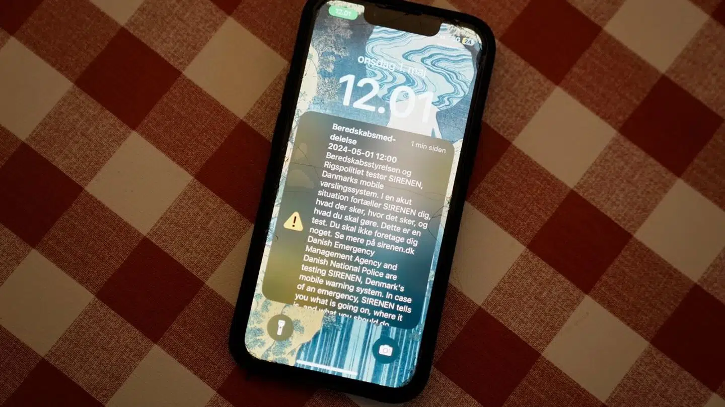 Beredskabsstyrelsen og Rigspolitiet testede for anden gang S!RENEN, der er Danmarks mobile varslingssystem, onsdag den 1. maj 2024. Foto: Thomas Traasdahl/Ritzau Scanpix