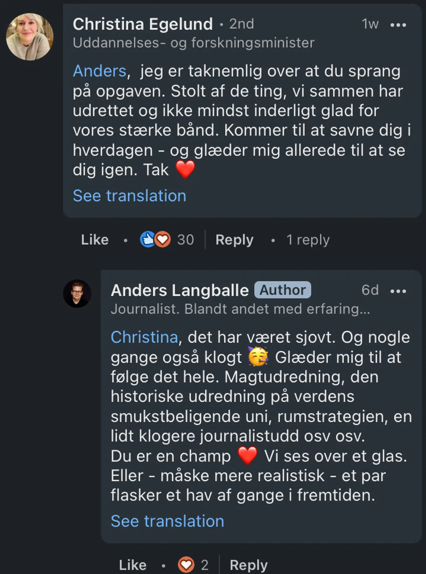 Sådan så det ud på LinkedIn før Anders Langballe redigerede sin kommentar.