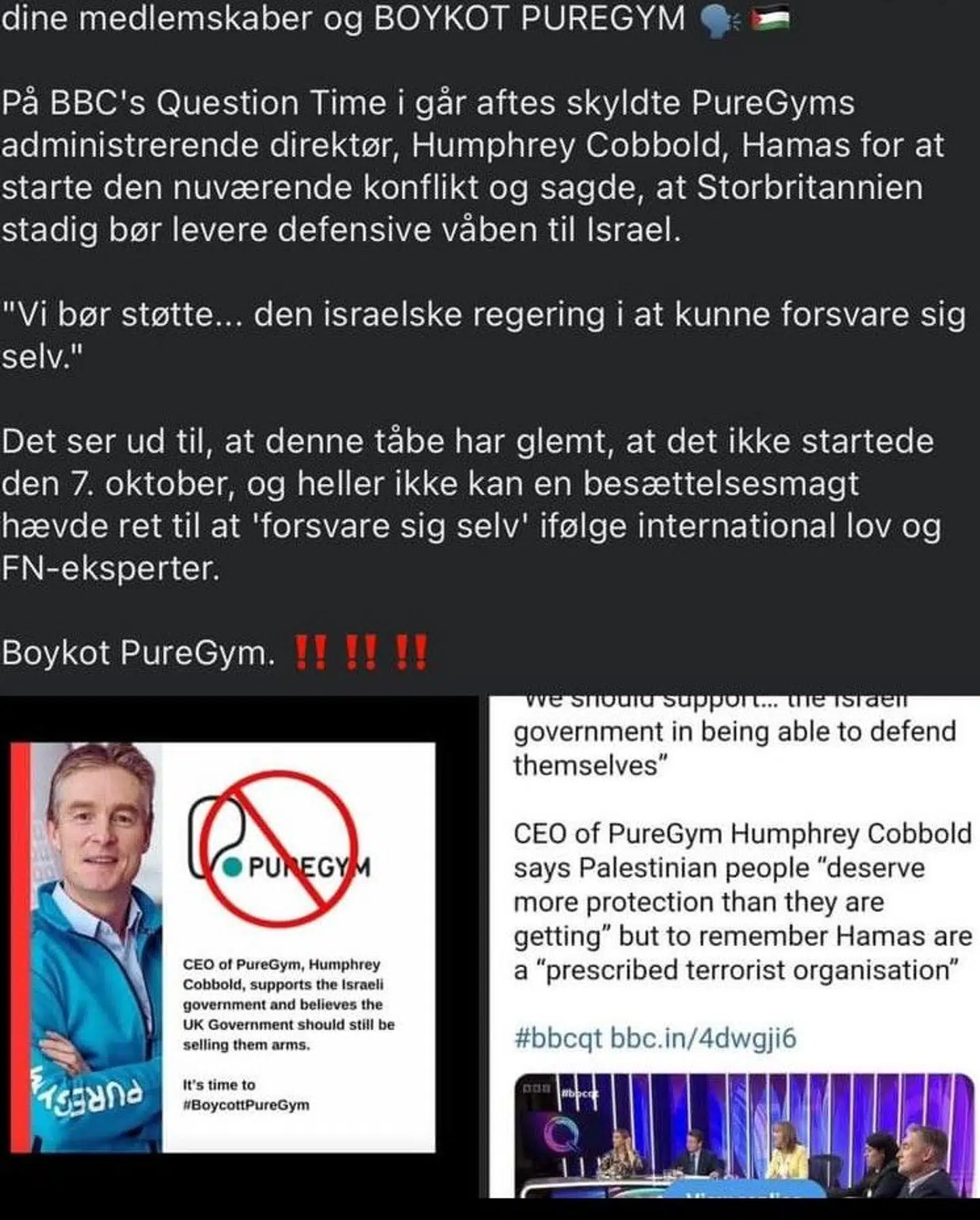 Brugere på Facebook og Instagram deler et billede, der opfordrer til et boycutt af fitnesskæden PureGym.