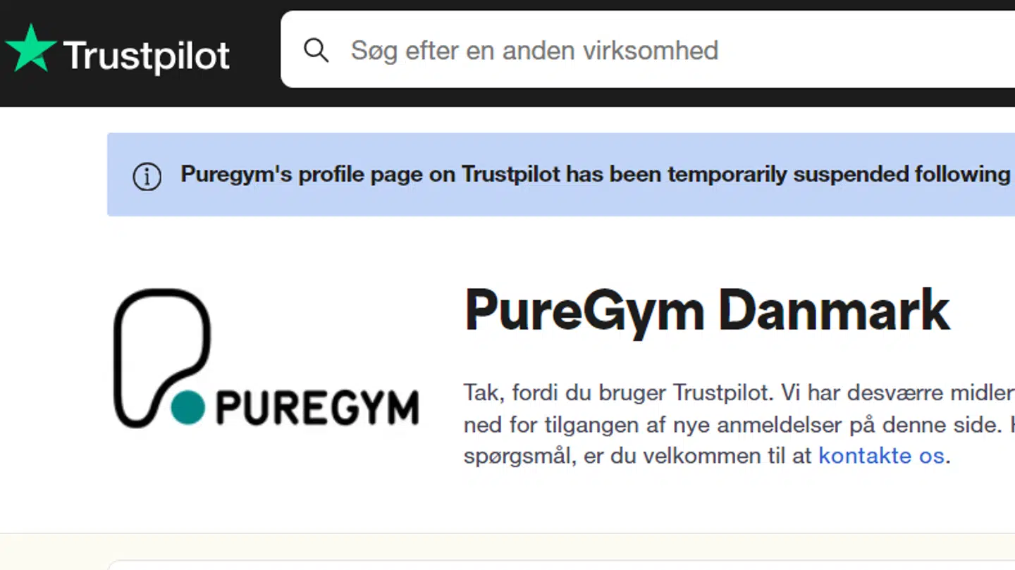 Sådan ser det ud, hvis man forsøger at anmelde PureGym hos Trustpilot.
