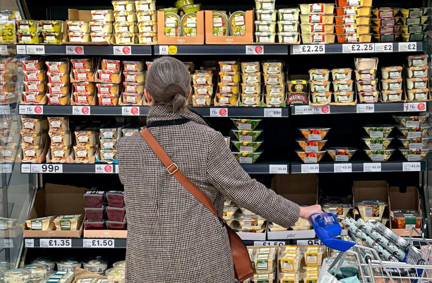 (FILES) A customer stands with a trolley as they shop for chilled food items inside a Tesco supermarket store in east London on January 10, 2022. British annual inflation steadied last month, official data showed Wednesday, February 14, but prices still rose at double the Bank of England's target rate, adding to uncertainty over the timing of an interest-rate cut. (Photo by Daniel LEAL / AFP)