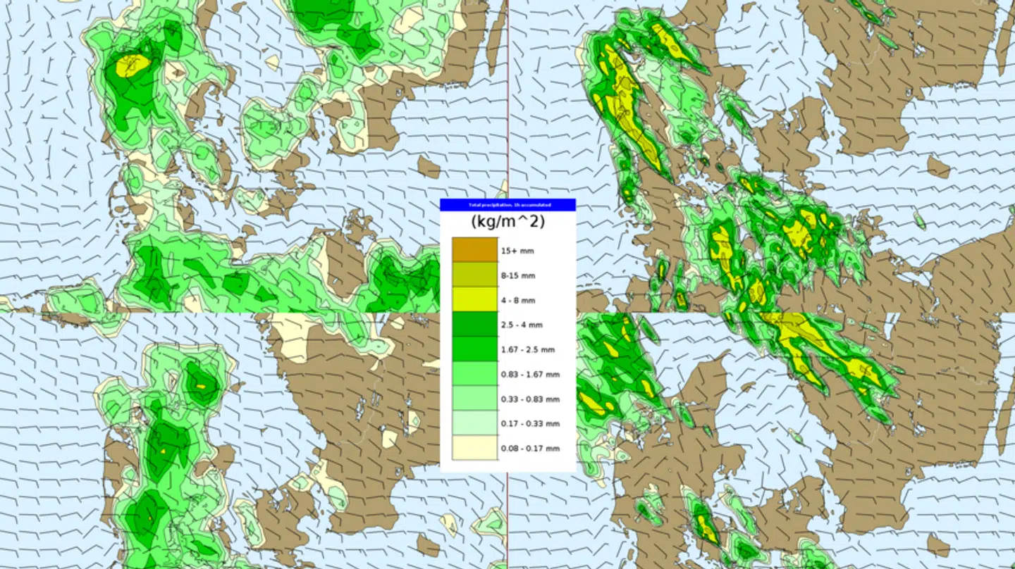 Dette kort viser to forskellige prognoser for, hvor bygerne falder søndag eftermiddag. Som det fremgår, der er stor forskel på, hvor og hvor meget regn der ventes af falde.
