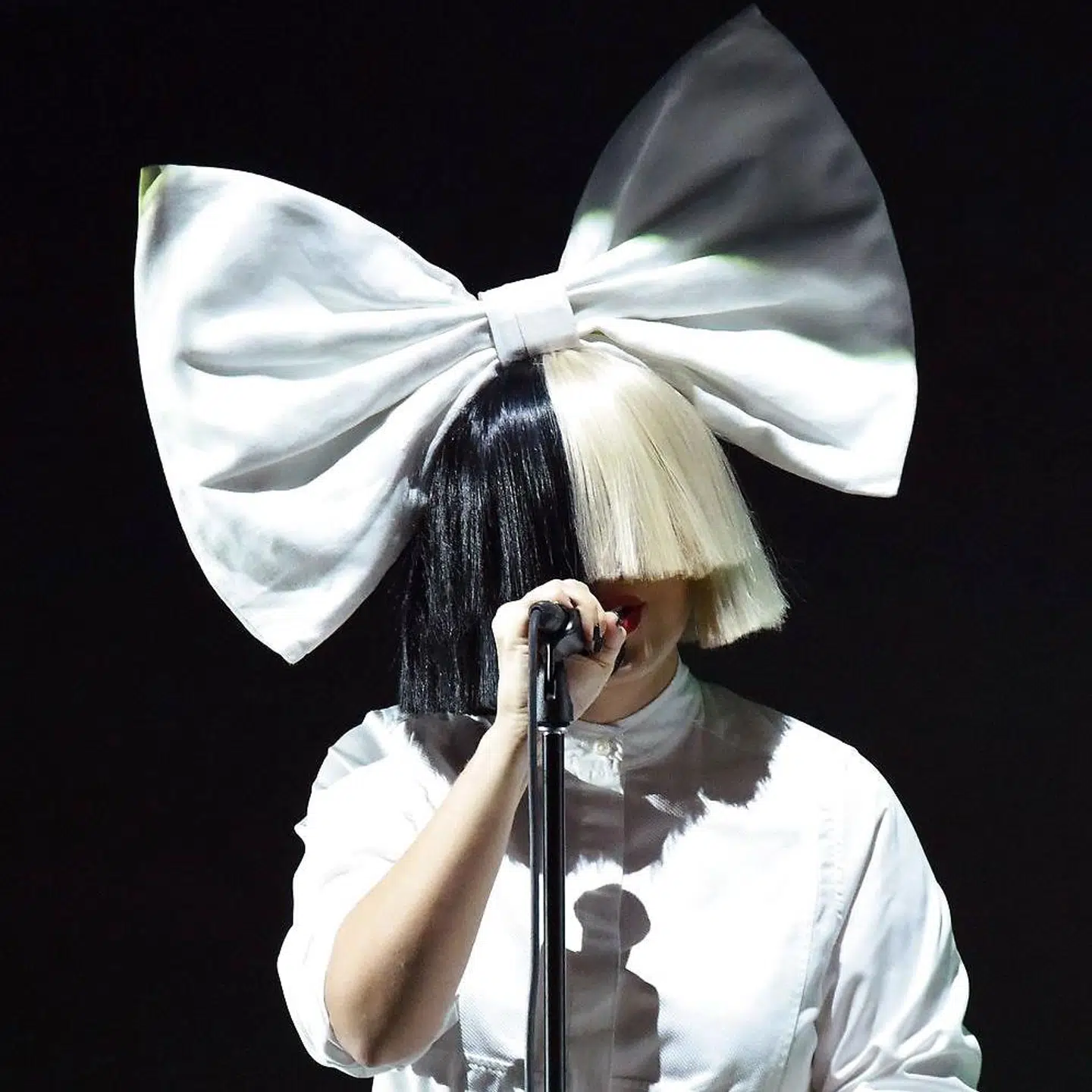 Sia, som man bedst kender hende, gemt bag en kæmpe paryk. Heret billede fra en optræden i 2016. / AFP PHOTO / Josh Edelson