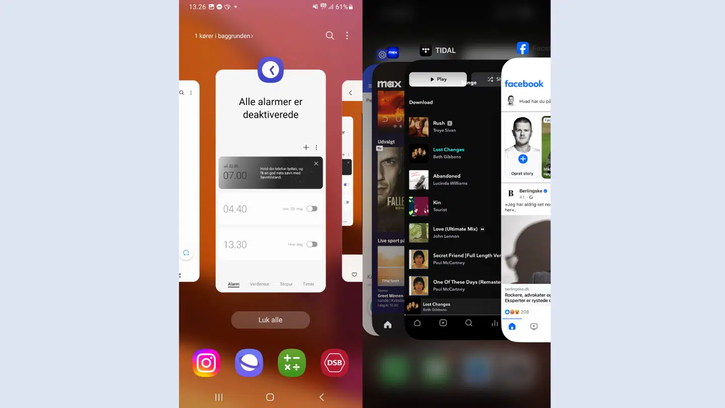Sådan ser det ud, når man hiver alle de sidst bruge apps frem på henholdsvis Android (til højre) og iPhone (til venstre).