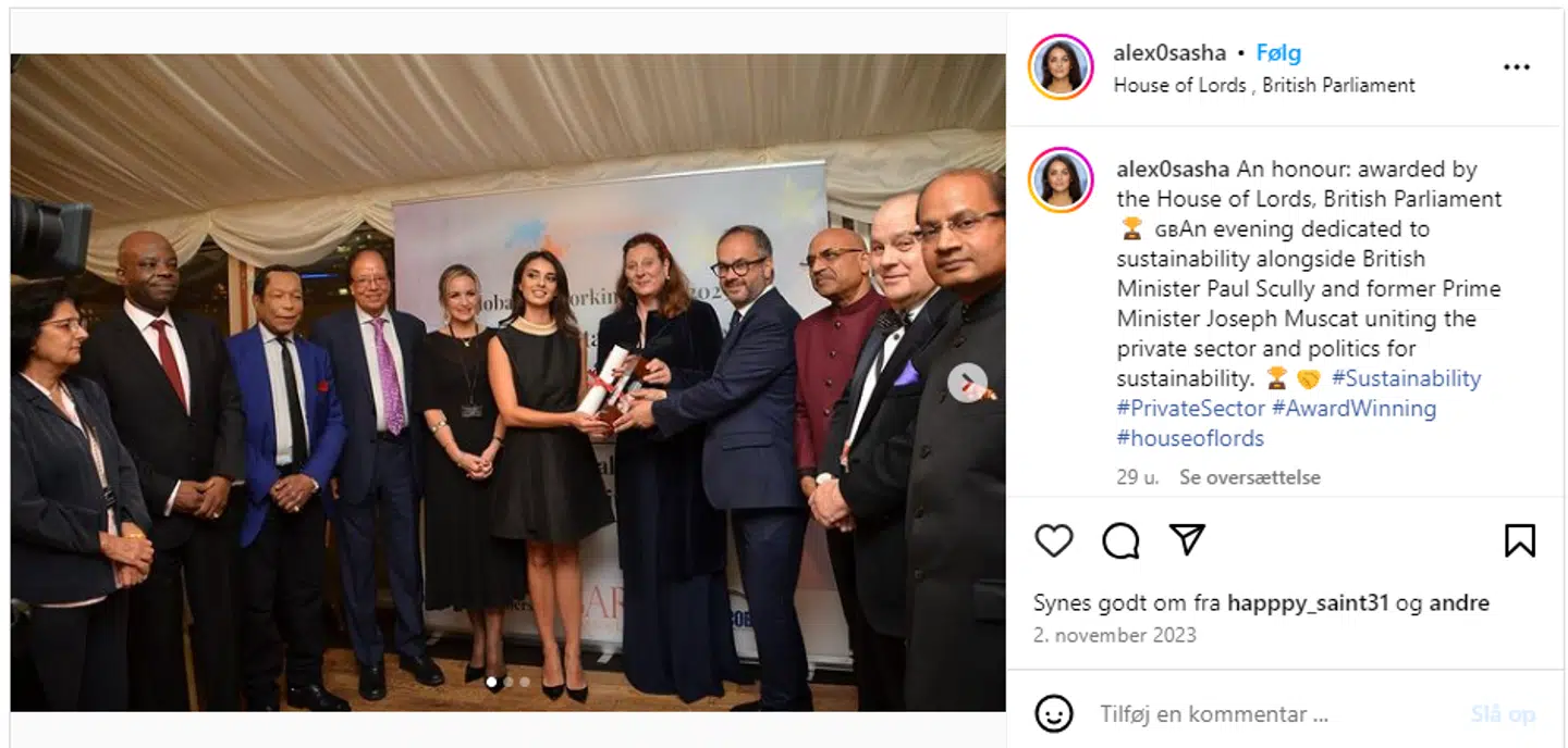 Alexandra Sasha opslag om IEFB prisuddelingen, hvor hverken Indien eller IEFB nævnes. Der står derimod, at hun er »awarded by the House of Lords.«