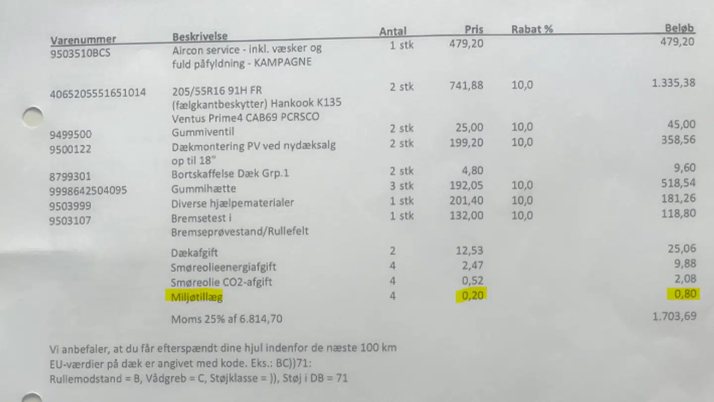 Dokumentation: Her ses afgifter og tillæg på Karstens Hüttels værkstedsregning.