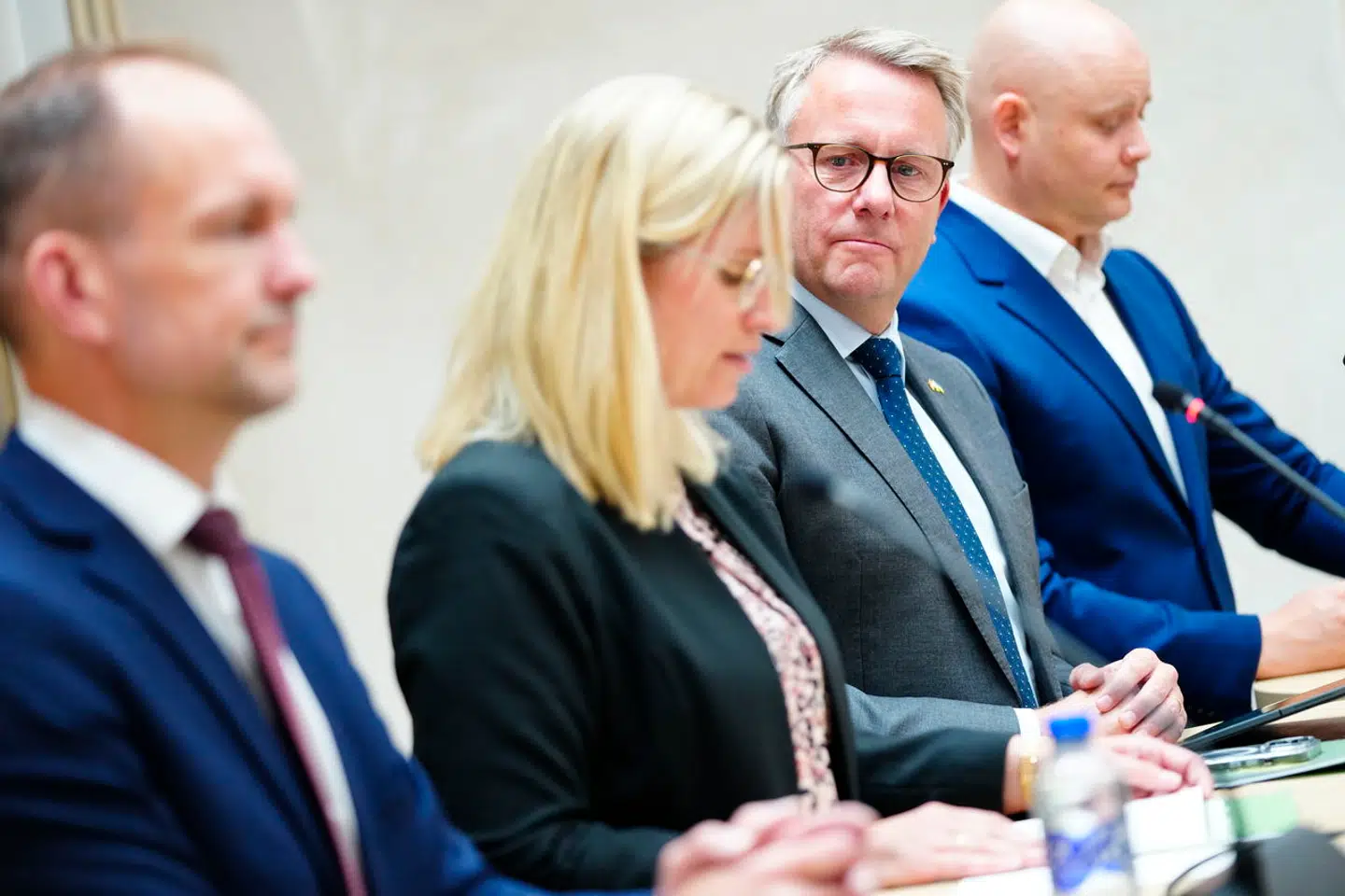 Erhvervsminister Morten Bødskov (S), økonomiminister Stephanie Lose (V), kulturminister Jakob Engell-Schmidt (M) og skatteminister Jeppe Bruus (S) præsenterer regeringens strategi for dansk iværksætteri på et pressemøde i Erhvervsministeriet onsdag den 12. juni 2024.