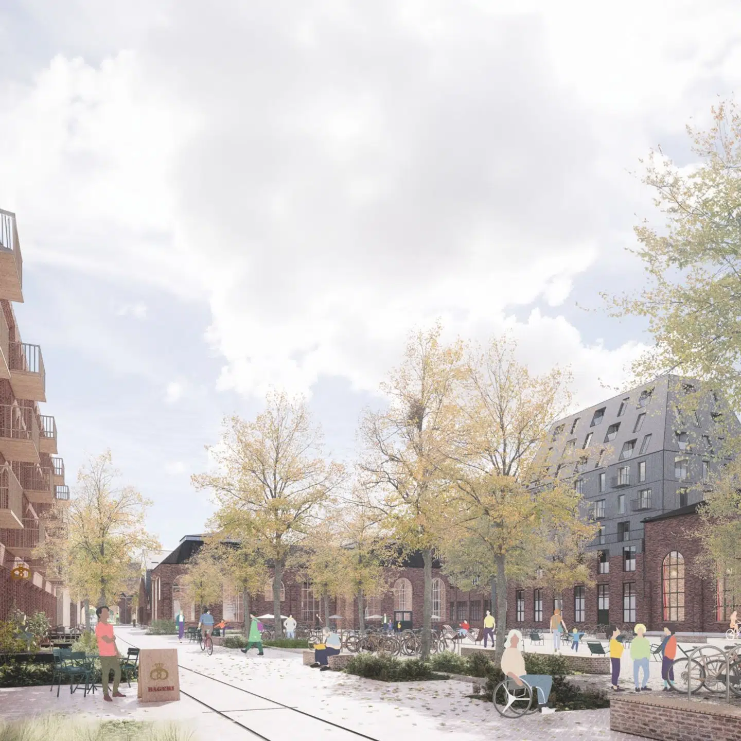 Her er forslaget til en central plads, som ligger ved en kraftcentral, der er blevet erklæret bevaringsværdig. Til højre i illustrationen kan man se en mulig påbygning på et bevaringsværdigt kølerværksted.