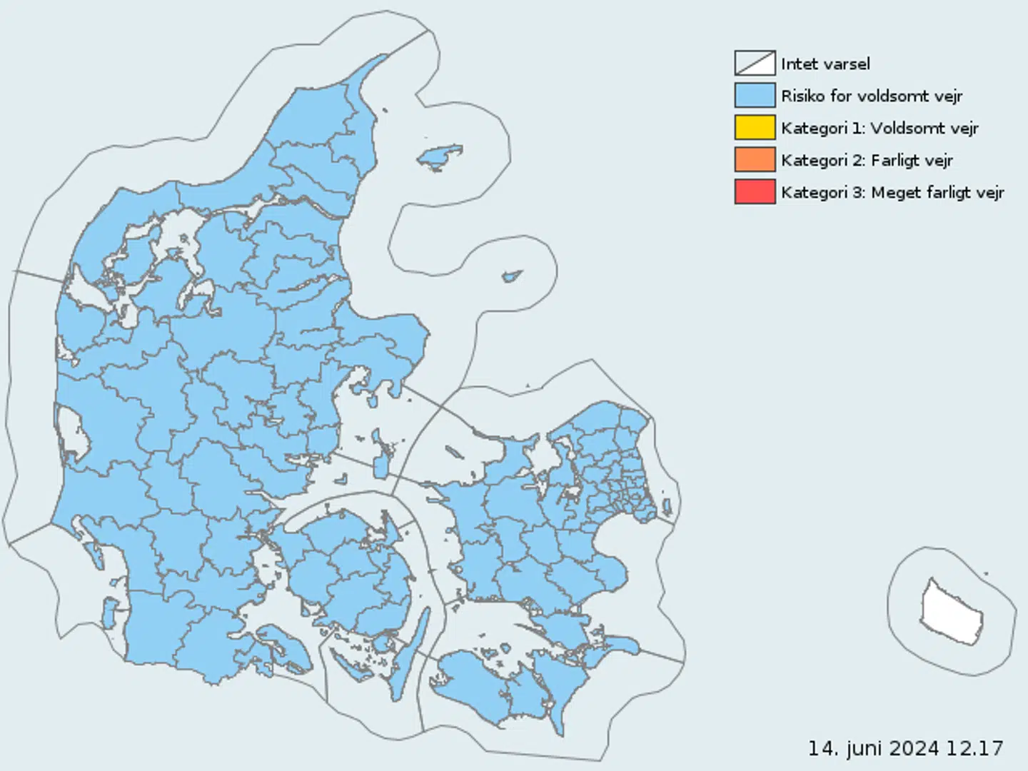 Varslet gælder for hele Danmark, undtagen Bornholm.