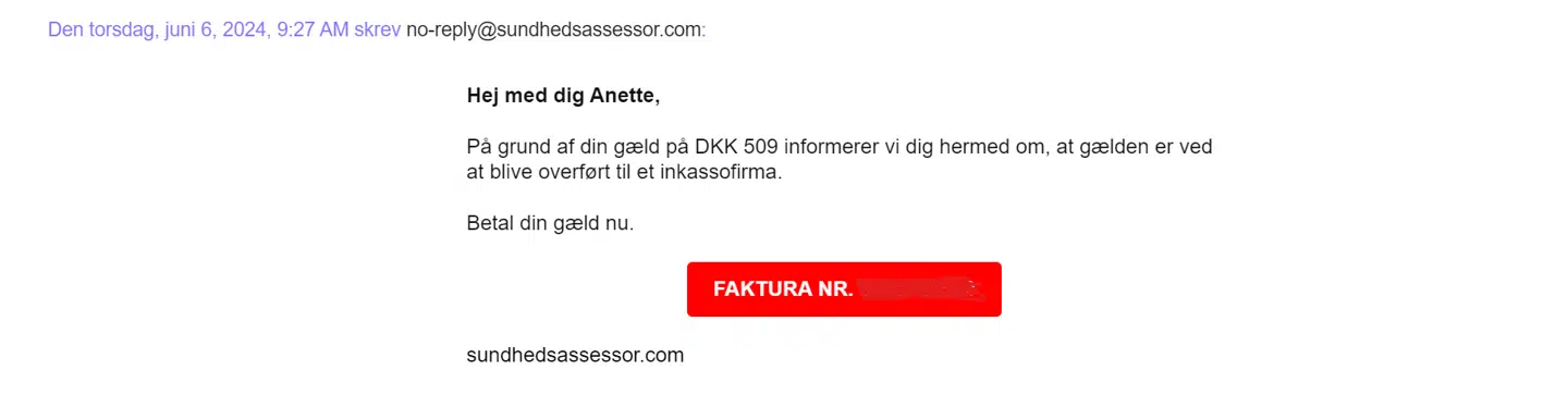 Her er mailen fra no-reply@sundhedsassessor.com til Anette Severin.