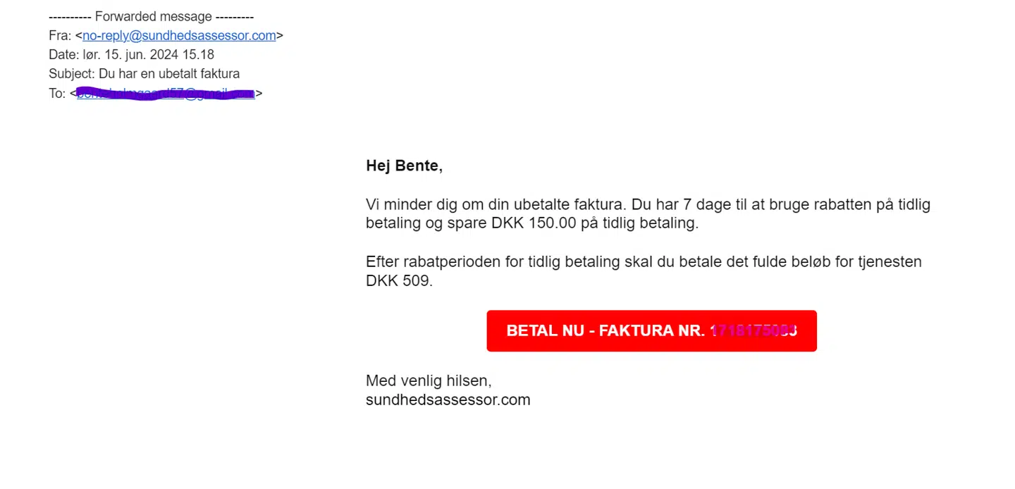 Dokumentation: Her ses den mail fra Sundhedsassessor.com, Bente Hansen fik 15. juni.